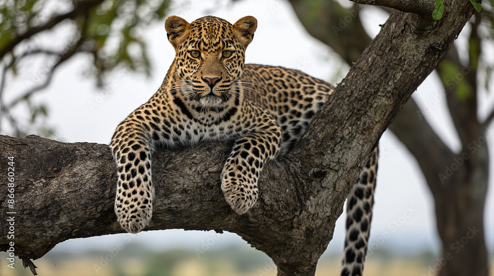 Naklejka premium A telephoto angle photo of a leopard lounging in a tree in Kruger National Park, South Africa, with the landscape stretching out beneath it, environmental scientists, engineers, ac