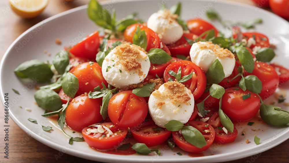 The image is of a plate of cherry tomatoes, boiled eggs, and basil leaves.
The image is of a plate of cherry tomatoes, boiled eggs, and basil leaves.