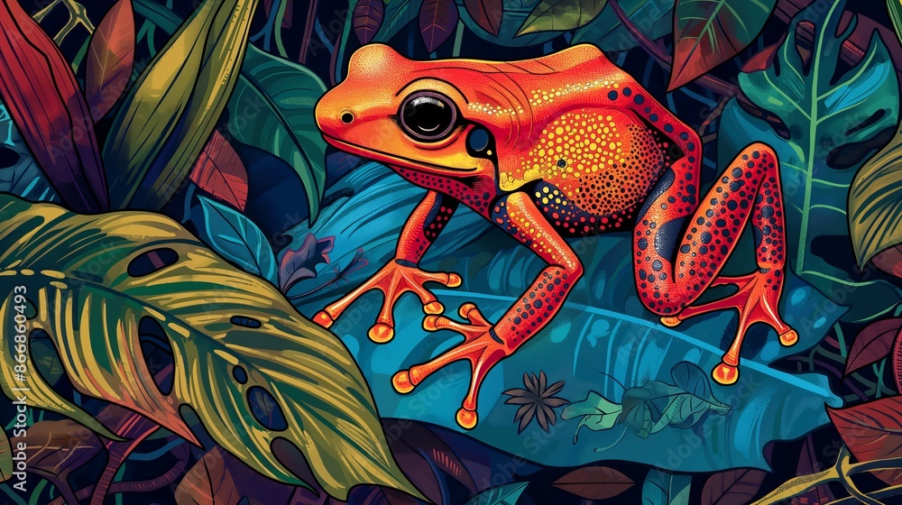 A vibrant red frog sits on a leaf in a colorful tropical rainforest filled with lush foliage. A vibrant red frog sits on a leaf in a colorful tropical rainforest filled with lush foliage.