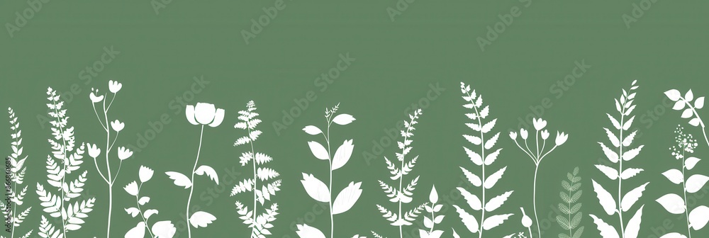 Fototapeta premium A modern and eco-friendly design featuring white silhouettes of various leaves and flowers on a solid green background. Generative AI