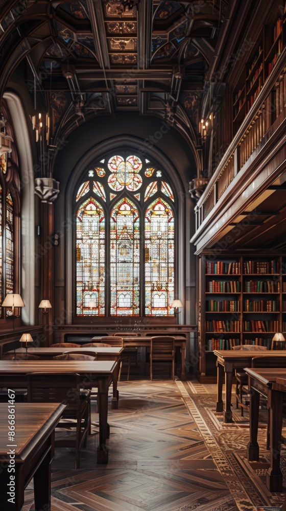 Gothic library interior with stained glass window and wooden bookshelves. Historical architecture and study space concept Gothic library interior with stained glass window and wooden bookshelves. Historical architecture and study space concept