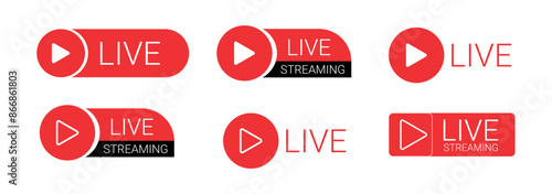 Set of Red Live Streaming Icons: Vector Buttons for TV, Online Streams, and Live Performances