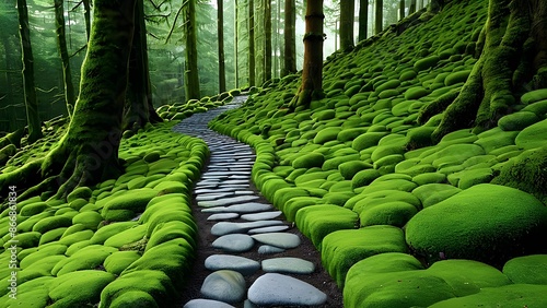 Stone Path Through a Fairy Tale Forest: Magical Green Woodland Scene photo