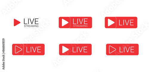 Set of Red Live Streaming Icons: Vector Buttons for TV, Online Streams, and Live Performances