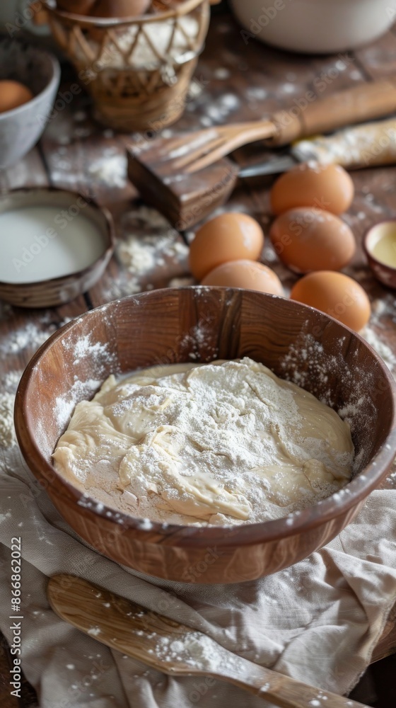 Wooden bowl of dough with scattered eggs and flour on rustic wooden table, baking preparation concept Wooden bowl of dough with scattered eggs and flour on rustic wooden table, baking preparation concept