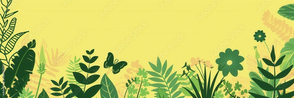 A stylized illustration of green leaves and flowers on a yellow background. Generative AI A stylized illustration of green leaves and flowers on a yellow background. Generative AI