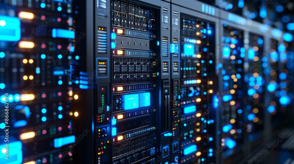 Close-up view of a server room with racks of network equipment, illuminated with blue lights.