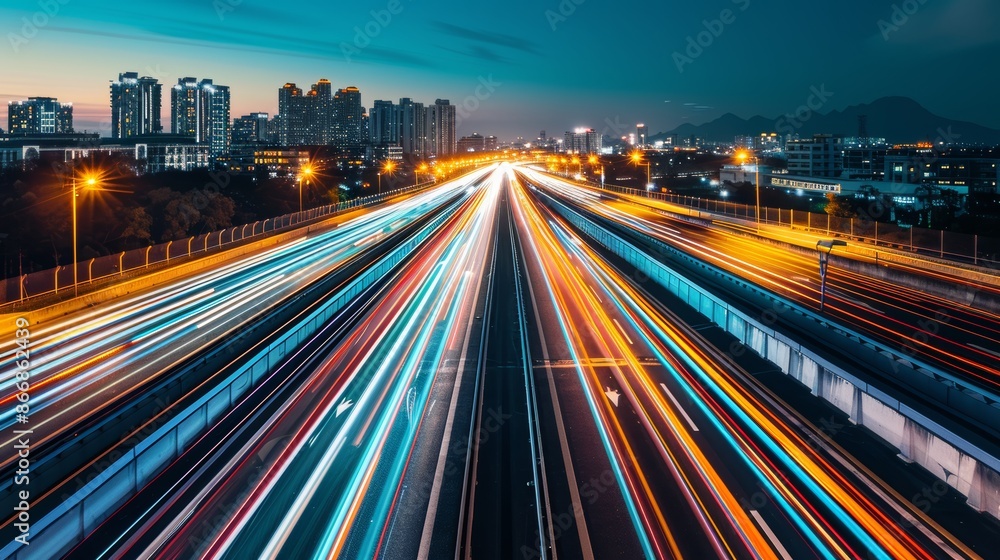 Obraz premium High-speed traffic at night with colorful light trails and city buildings in the background.