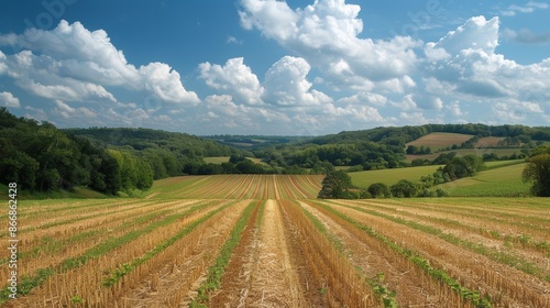 Expansive green fields under a bright blue sky with fluffy white clouds, representing a perfect summer day