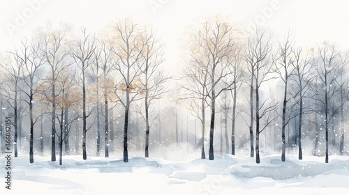 A serene winter landscape with bare trees standing in the snow, showcasing the calm beauty of a cold, frosty day.