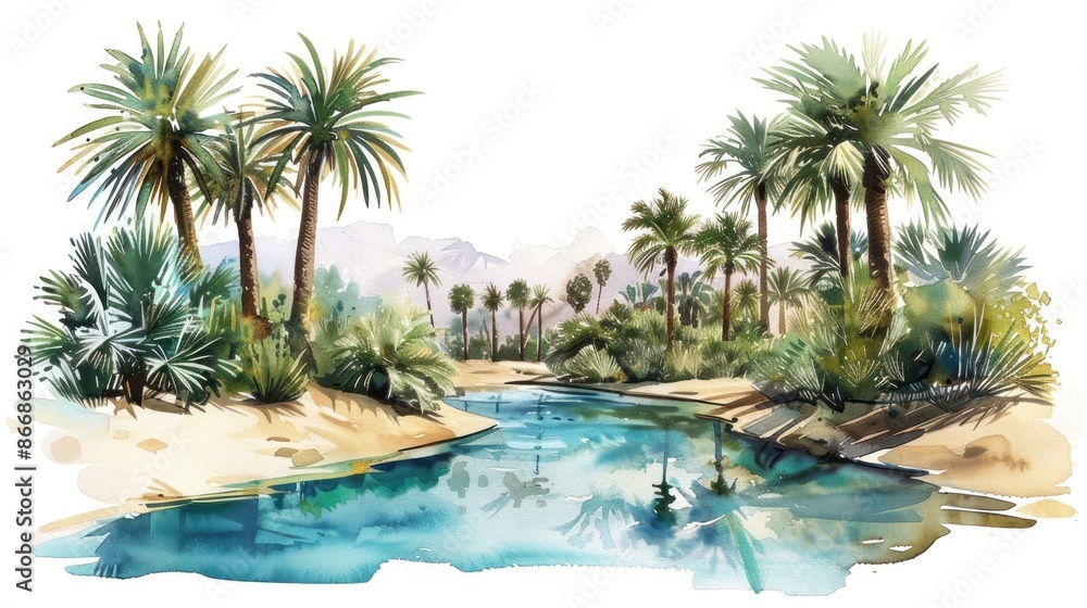 Fototapeta premium A serene oasis with palm trees and a tranquil water body in a desert landscape, beautifully illustrated.