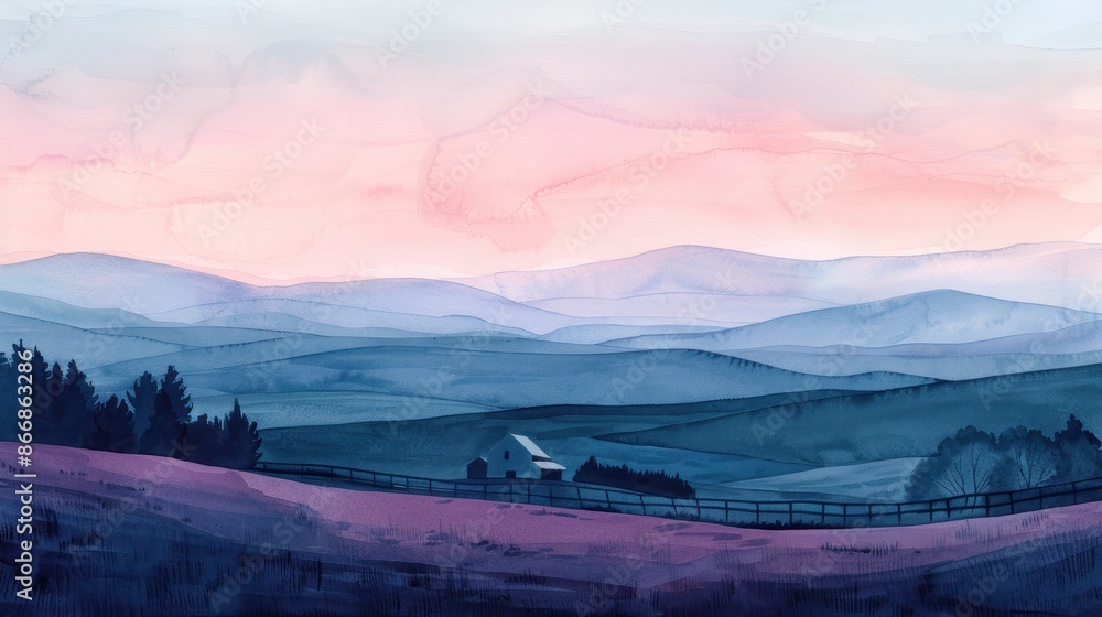 Fototapeta premium Serene watercolor landscape featuring pastel skies, rolling hills, and a quaint barn nestled in the countryside at dusk.