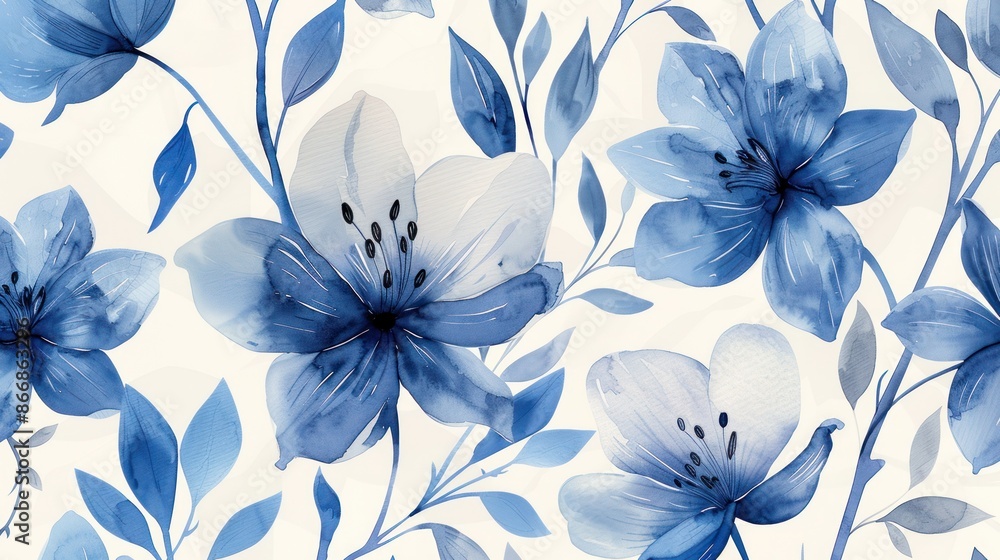 Elegant seamless floral pattern with blue and white watercolor flowers. Perfect for textiles, wallpapers, and design projects. Elegant seamless floral pattern with blue and white watercolor flowers. Perfect for textiles, wallpapers, and design projects.