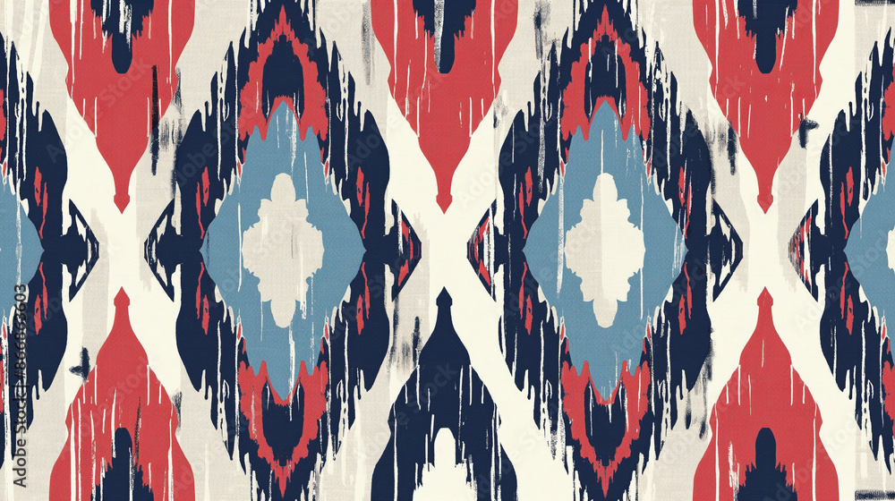 A colorful patterned fabric with red, blue, and white stripes A colorful patterned fabric with red, blue, and white stripes