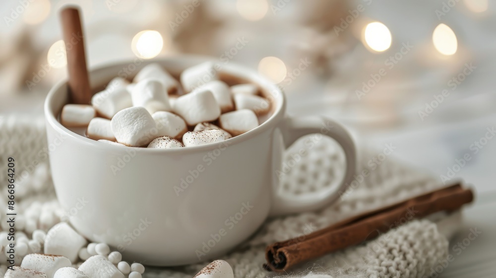 Cup of hot chocolate with marshmallows and cinnamon stick on cozy knitted blanket Cup of hot chocolate with marshmallows and cinnamon stick on cozy knitted blanket