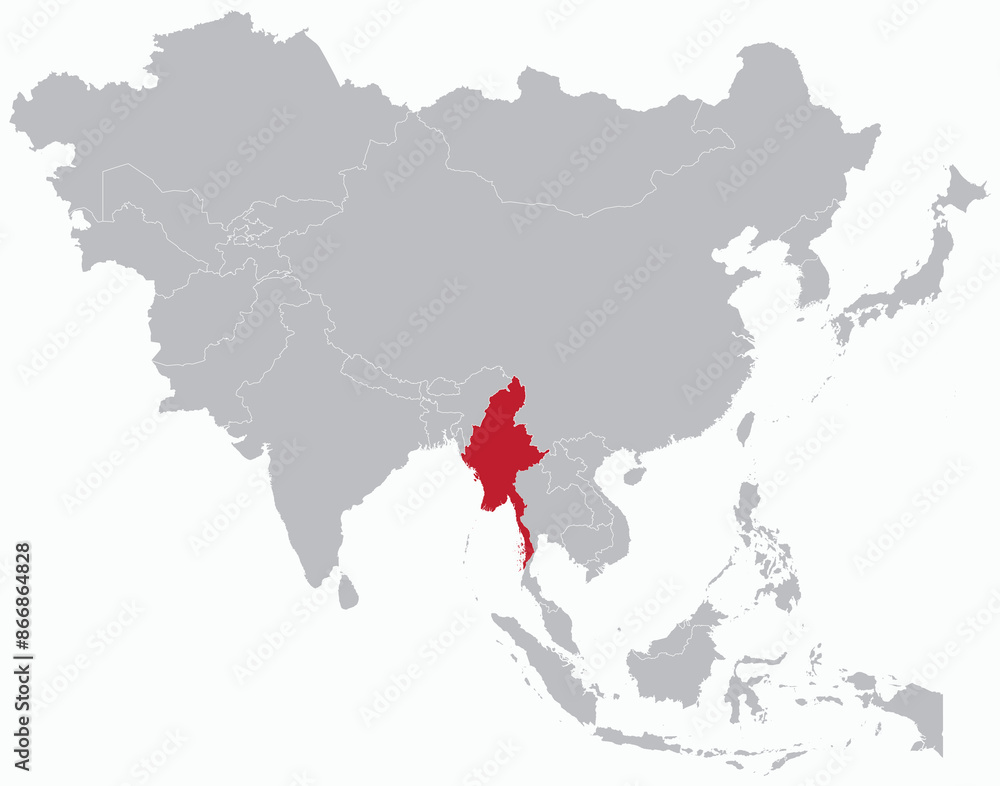 Obraz premium Highlighted red map of MYANMAR inside grey detailed blank political map of Asia on light blue background, without the Middle East and Russia