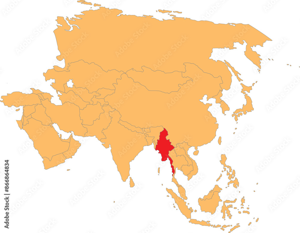Highlighted red map of MYANMAR inside orange detailed political map of Asia using orthographic projection on transparent background Highlighted red map of MYANMAR inside orange detailed political map of Asia using orthographic projection on transparent background