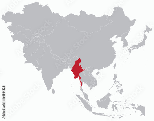 Highlighted red map of MYANMAR inside grey detailed blank political map of Asia on light blue background, without the Middle East and Russia