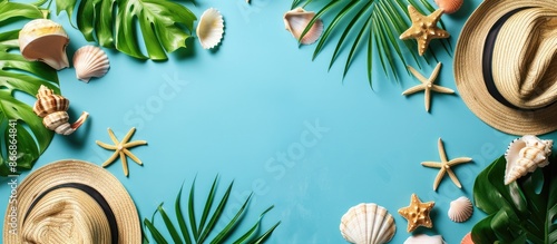 Summer Vacation Banner with Shells, Palm Leaves, and Straw Hat on Blue Background from Top Perspective.