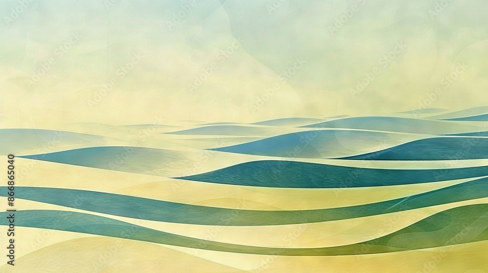 Obraz premium A painting of vibrant blues and yellows on a warm yellow-green canvas, set against a serene light blue sky