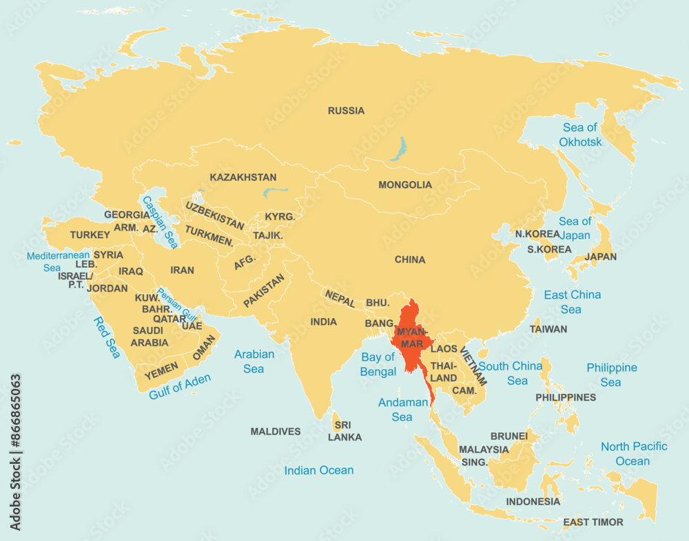 Fototapeta premium Highlighted red map of MYANMAR inside orange detailed tagged map of Asia using orthographic projection on blue background