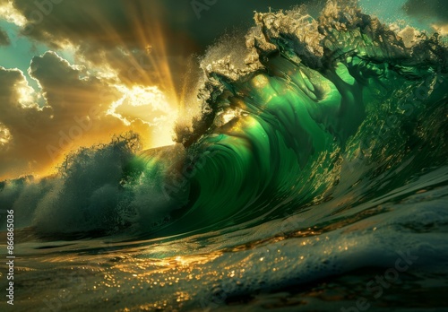 A wave is breaking on the ocean with a bright sun behind it. AI.