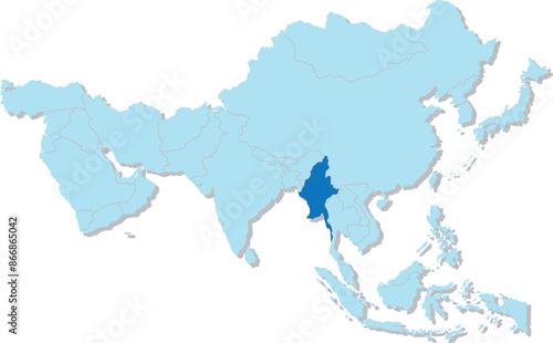 Highlighted blue map of MYANMAR inside light blue 3D blank political map of Asia orthographic projection on transparent background, without Russia
