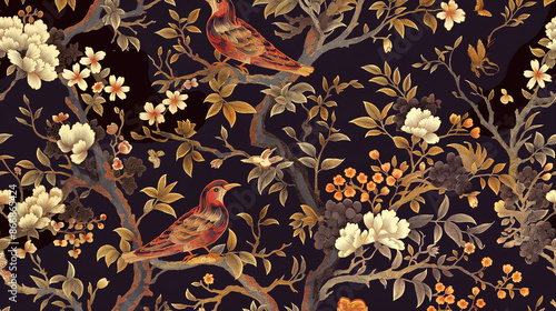 A black and white bird painting with a tree in the background