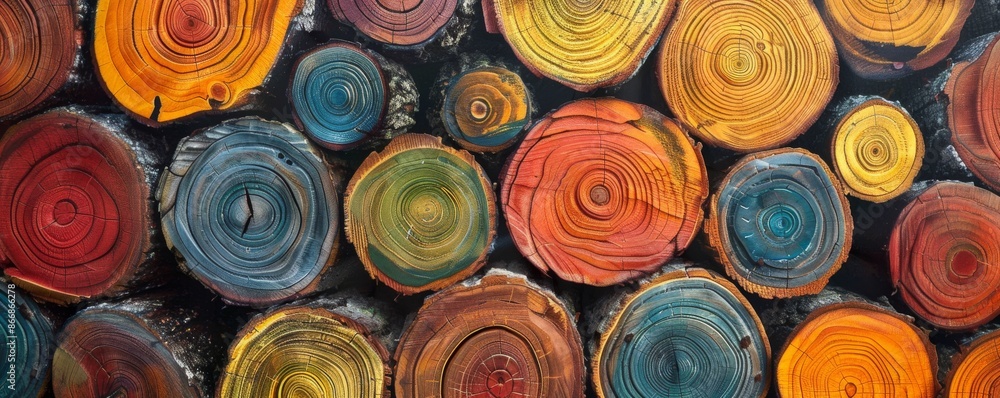 Painted wood logs are arranged next to each other, creating a colorful background with concentric circles. The different colors and textures provide a vibrant and natural aesthetic Painted wood logs are arranged next to each other, creating a colorful background with concentric circles. The different colors and textures provide a vibrant and natural aesthetic