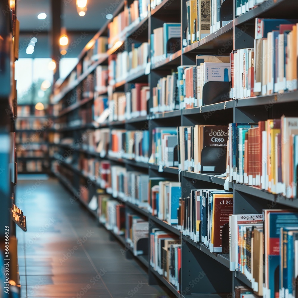 Focused Library Shelves in a Modern Setting Focused Library Shelves in a Modern Setting
