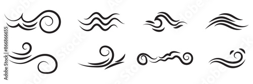 Doodle wind line sketch set. Hand drawn doodle wind motion, air blow, swirl elements. Sketch drawn air blow motion, smoke flow art, abstract line. Isolated on white background . vector illustration.