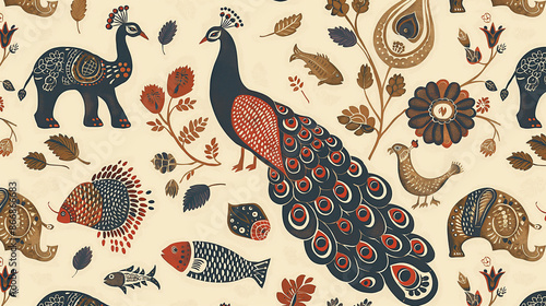 A colorful pattern of birds and animals, including a peacock