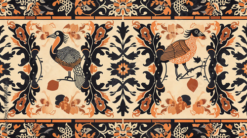 A colorful design of birds and flowers is displayed on a white background