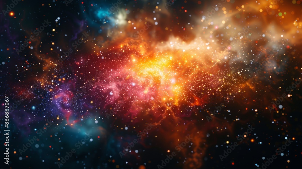 Naklejka premium Vibrant cosmic nebula with colorful stars and dust clouds, depicting a stunning space scene