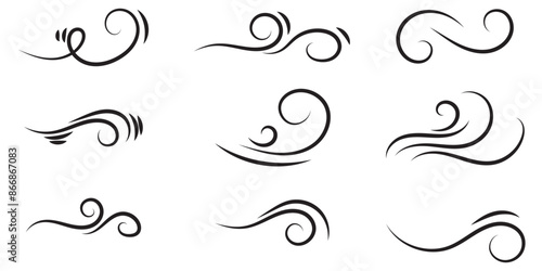Doodle wind line sketch set. Hand drawn doodle wind motion, air blow, swirl elements. Sketch drawn air blow motion, smoke flow art, abstract line. Isolated on white background . vector illustration.