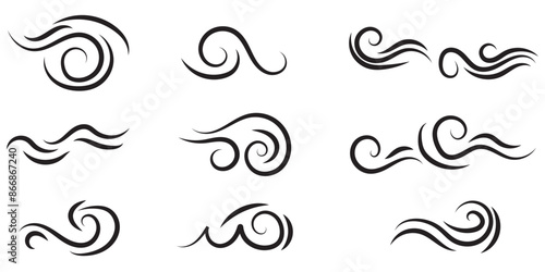 Blowing wind icon collection in black on a white background. Set of wind blow line icon. Black related to wind and waves
