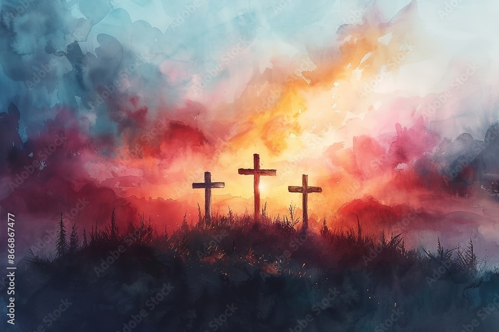 Obraz premium a watercolor painting of a Three crosses of Golgotha 