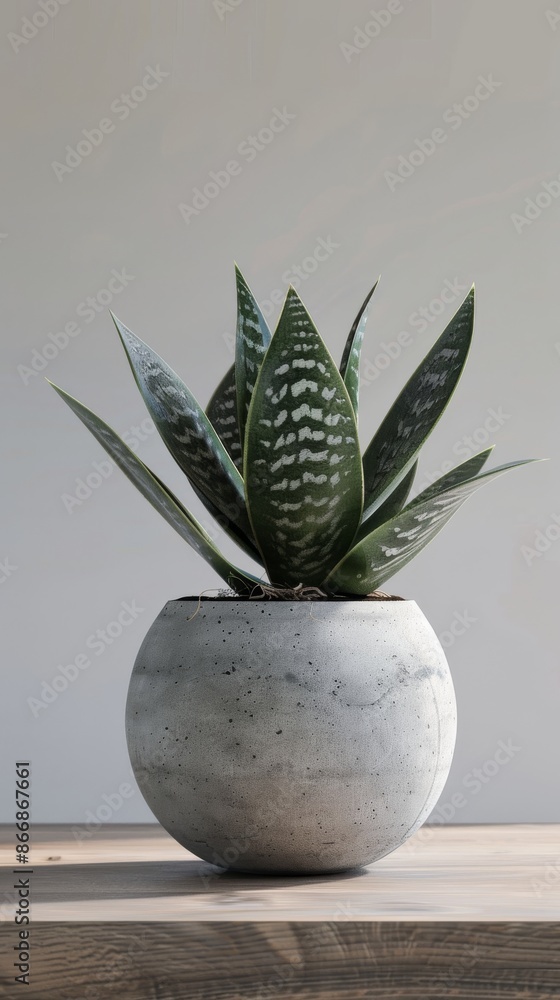 Succulent plant in a gray concrete pot on a wooden table Succulent plant in a gray concrete pot on a wooden table