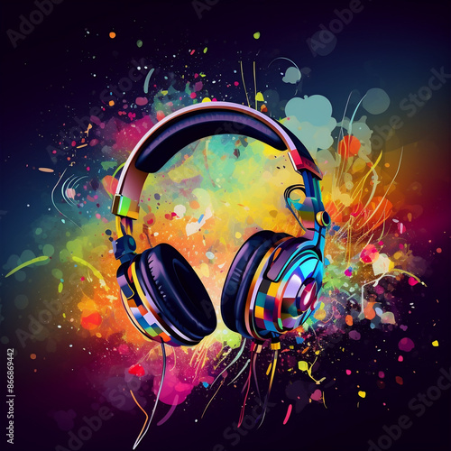 Representation of colourful music headphones on a dark background