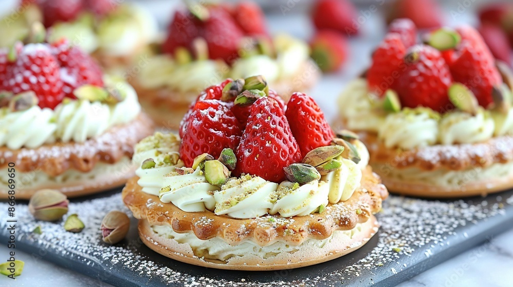 A photo of a close-up of a pastry with strawberries and pistachios on top of it on a tray, optimized for SEO A photo of a close-up of a pastry with strawberries and pistachios on top of it on a tray, optimized for SEO