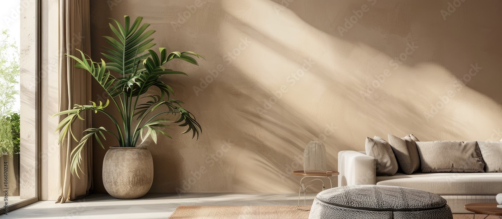 Chic Interior with Cozy Furniture and Plant Adjacent to Beige Wall Chic Interior with Cozy Furniture and Plant Adjacent to Beige Wall