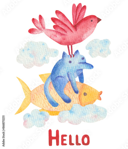 Watercolor cartoon illustration holidays at the sea, isolated on white. Hand drawn elements gold fish, red bird, fairy blue animal, clouds and single word Hello. Design for cards, posters, banners.