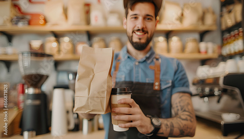 Wallpaper Mural Male barista showing takeaway coffee in the paper bag Torontodigital.ca