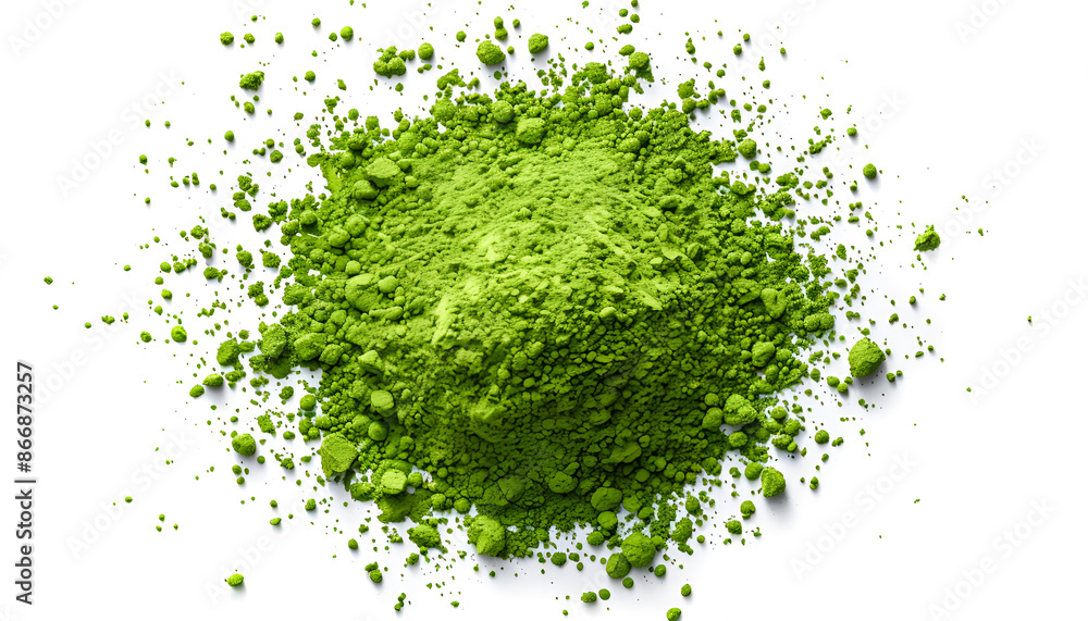 Pile of green matcha powder isolated on white, top view Pile of green matcha powder isolated on white, top view