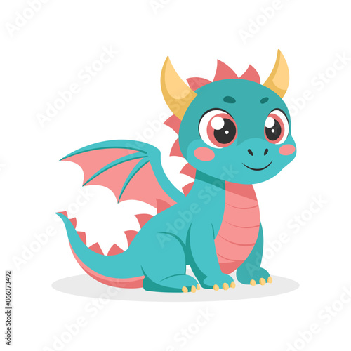 Cute cartoon dragon. Baby dragon or dinosaur cute character. Fairytale monster. Illustration, print
