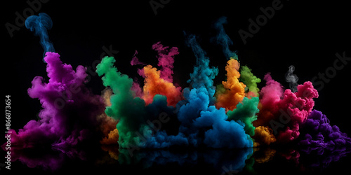 Regenbogen-Rauchshow: Farbenfrohe Explosion von Rauchwolken im Dunkel der Nacht photo