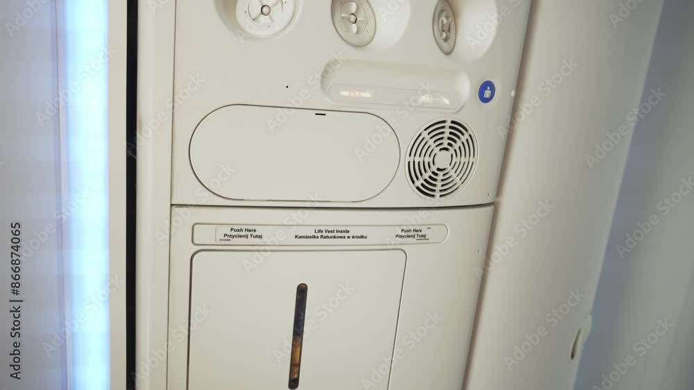 Panel above the airplane seats, Control panel for passenger in plane. Comfort flight. Switches off the reading light. Airplane cabin with passengers Panel above the airplane seats, Control panel for passenger in plane. Comfort flight. Switches off the reading light. Airplane cabin with passengers