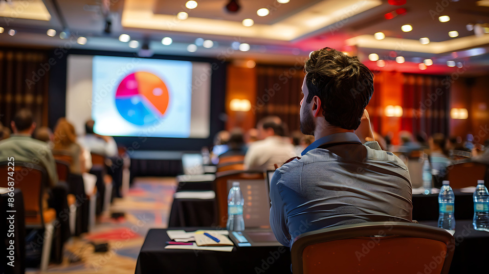 Fototapeta premium Corporate meeting on leveraging management for business growth and market disruption with informative infographics and visual communication including diverse participants from around the world