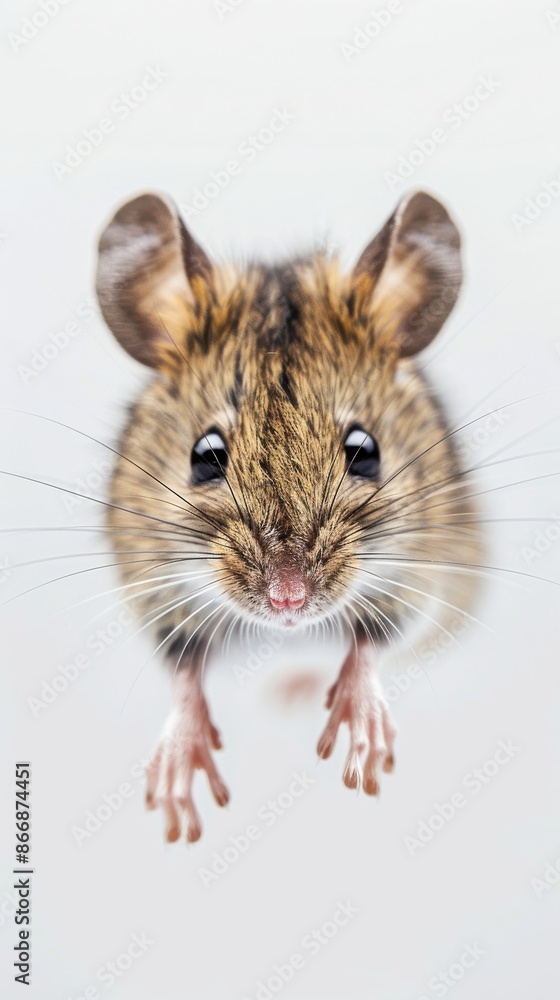 Close-up of a small mouse with prominent whiskers against a white background, studio shot Close-up of a small mouse with prominent whiskers against a white background, studio shot