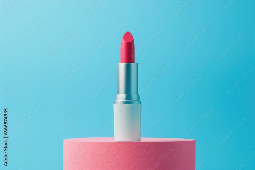 Pink lipstick stands on the podium on a white background. Holiday gift for women. Festive decoration of cosmetic products. Copy space. Pink lipstick stands on the podium on a white background. Holiday gift for women. Festive decoration of cosmetic products. Copy space.